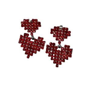 Handmade Red Rhinestone Double Heart Drop Earrings